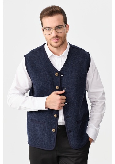 Erkek V Yaka Keçe Aksesuarlı Pike Dokuma Yün Yelek K.lacivert K.lacivert