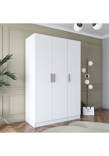 Rani Ba164 Gardırop Elbise Dolabı 3 Kapaklı 6 Raflı 2 Askılı Modüler Dolap Beyaz