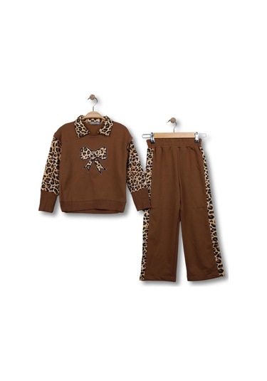 Leopar Yaka Detaylı Kız Çocuk Alt Üst Takım Kahverengi