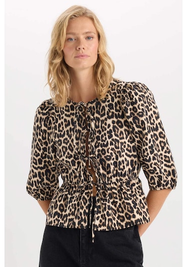 トップス pppp DeFacto Fitted Yuvarlak Yaka Leopar Desenli Önü Bağlamalı Poplin
