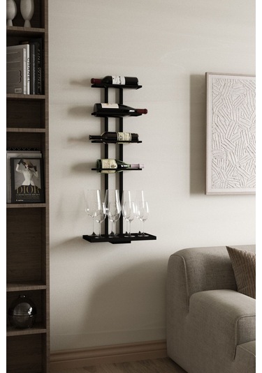 Aju Şaraplık Ve Kadeh Rafı Duvara Monte Şarap Mahseni Modern Duvar Alkol Rafı Metal Ve Ahşap Tasarım Siyah