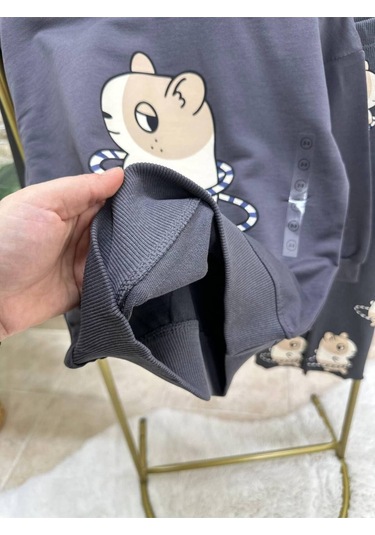 Kız Çocuk 2 İplik Kumaş %100 Pamuklu Sevimli Sincap Baskılı Alt-üst Takım Gri