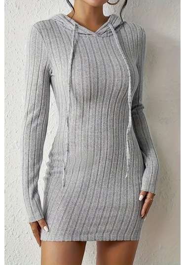 Merry See Uzun Kollu Kapşonlu Mini Elbise Gri