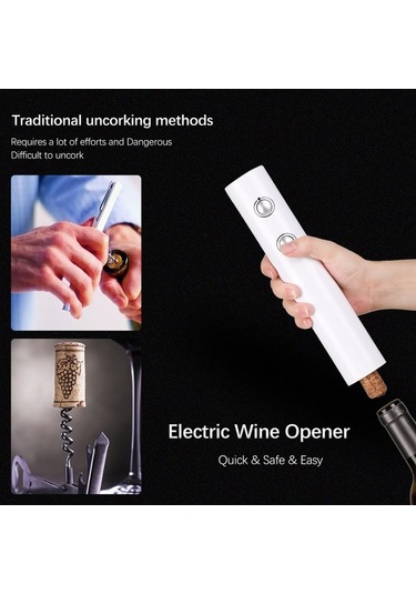 Fortunelane Beyaz Şarap Açıcı + Kağıt Kesici, 4 Aa Pil İle, Hızlı Mantar Açma, Siyah Abs Malzeme Pil Dahil Değil Siyah