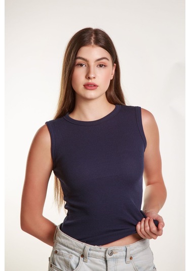 Kadın Lacivert Fitilli Likralı Sıfır Kol Bisiklet Yaka Örme Atlet Tshirt Bluz Lacivert