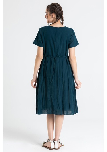 Kısa Kol Şile Bezi Lalezar Nakışlı Midi Boy Elbise Petrol Ptrl-petrol Petrol