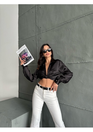 Kadın Oversize Siyah Renk Saten Gömlek-siyah Siyah