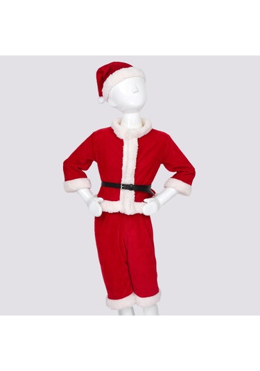 Bebek Erkek Noel Noel Baba Kostüm Kıyafet Uzun Kollu Kadife Üst + Pantolon Takımı Kırmızı