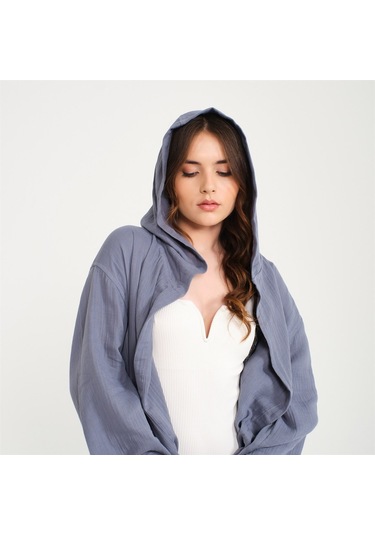 Unisex Kapüşonlu Uzun Müslin Bornoz-Antrasit