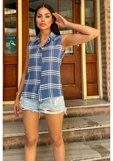Kadın Mavi Ekose Desen, Dokulu Kumaş, Kolsuz Rahat Gömlek Mavi