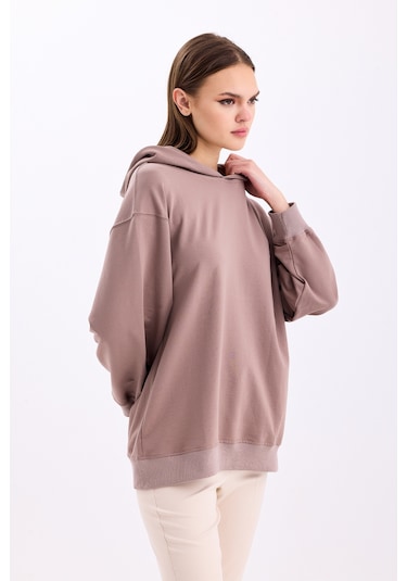 Pastelastore Pamuklu Kapüşonlu 2 İplik Baharlık Oversize Sweatshirt Vizon