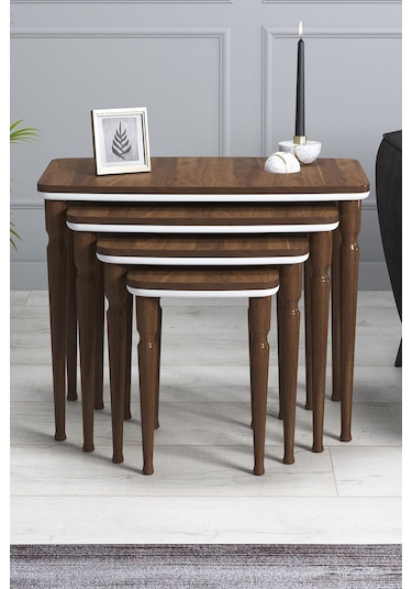 Imaj Mdf Ve Lake Boya, Ceviz-beyaz 4lü Zigon Sehpa Takımı, Ceviz Gürgen Ayaklar Sehpalar Ceviz-beyaz Ayaklar Ceviz