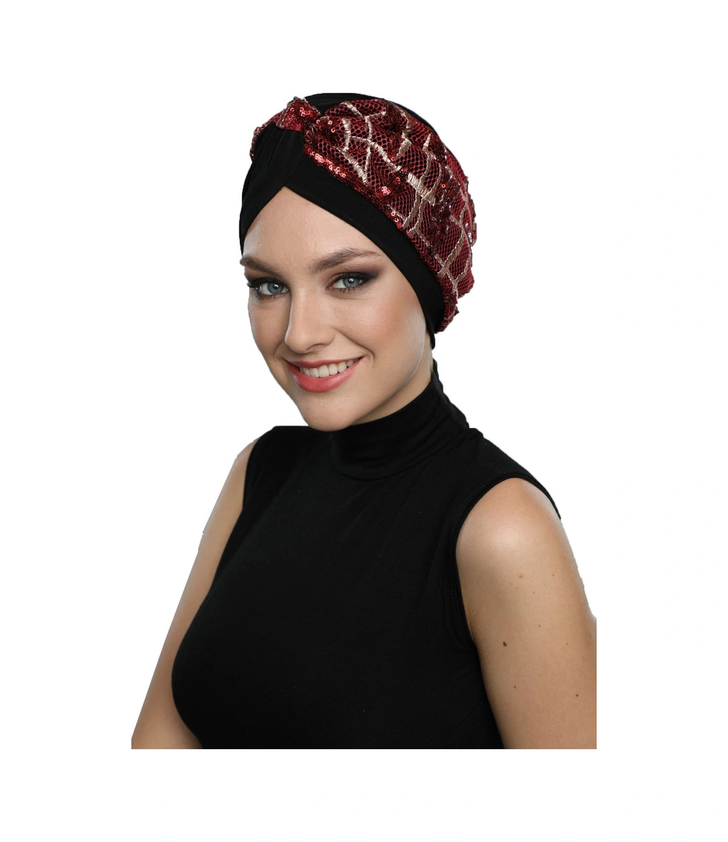 Özel Tasarım Siyah Bej-bordo Pullu Fileli Etnik Desenli Astarlı Hazır Türban Tesettür Abiye Bone Siyah22