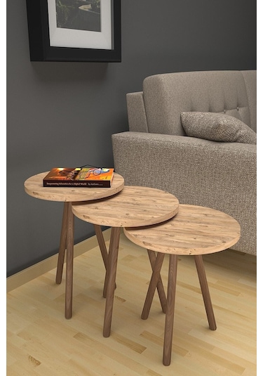 Fahrettin Küçük Zigon Sehpa Ahşap Ayaklı Çam 3'lü Yuvarlak Zigon Çam 33 x 33 Atlantik Çam