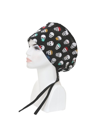 Tesettür Siyah Kurukafa Desenli Cerrahi Bone Doktor Hemşire Sağlıkçı Bonesi Geniş Kesim