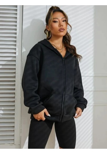 Relax&Basic Siyah 2 İp Örme Kumaş Kapüşonlu Fermuarlı Sweatshirt Siyah