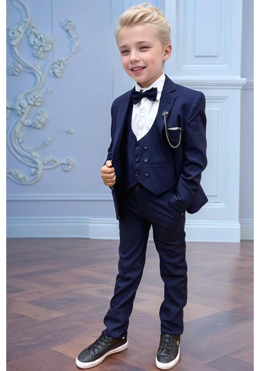 Riccotarz Erkek Çocuk Blazer Ceketli, Cepken Yelekli Lacivert Takım Elbise 5-9 Yaş Lacivert