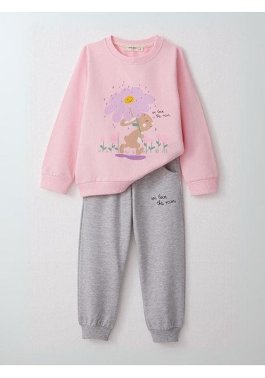 Kız Çocuk Çiçek Desenli Pamuklu Eşofman Takım-14584 Pembe