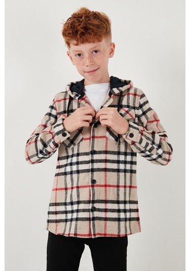 Lela Kapüşonlu Çift Cepli Ekoseli Oduncu Erkek Çocuk Gömlek Cf25W81786 Bej