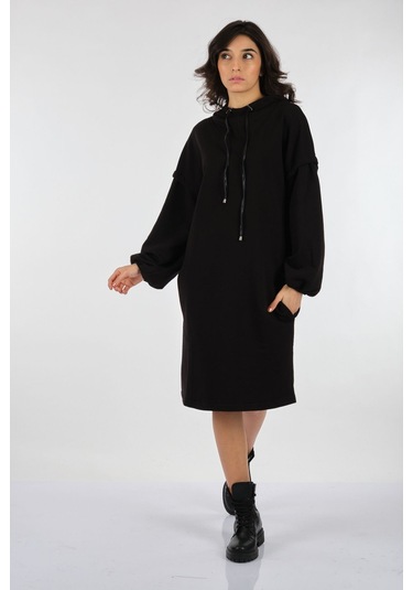 Unique Mode Oversize Kapüşonlu Balon Kol Midi Elbise - Günlük Şıklık Siyah