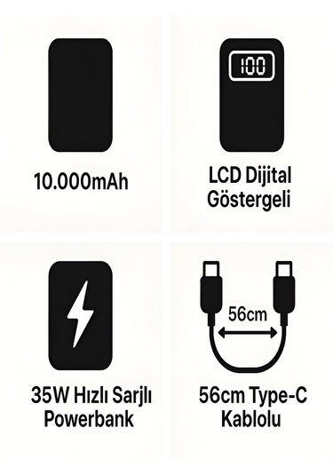 10000mah Lcd Dijital Göstergeli 35w Hızlı Şarjlı Powerbank - 56cm Type-c Kablolu Siyah