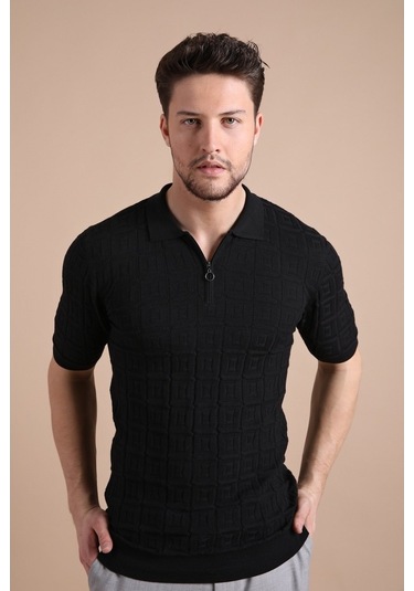 Ferraro Siyah Polo Yaka Fermuarlı Erkek Pamuk Triko T-Shirt-Siyah (417942274) Siyah
