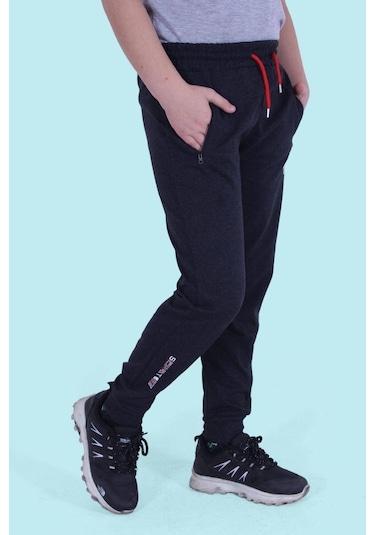 Fermuar Cep Detaylı, Yazı Baskılı Erkek Çocuk Eşofman Altı Antrasit