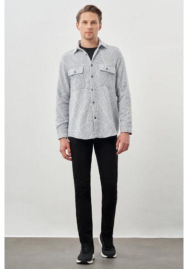 Koyu Mavi Uzun Kol Kendinden Desenli Gabardin Sert Yaka Kapaklı Cep Pamuklu Classic Comfort Fit Gömlek 1004245167 Koyu Mavi