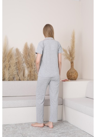 Gri Renk Biyeli Pamuklu Uzun Kol Pijama Takımı Gri