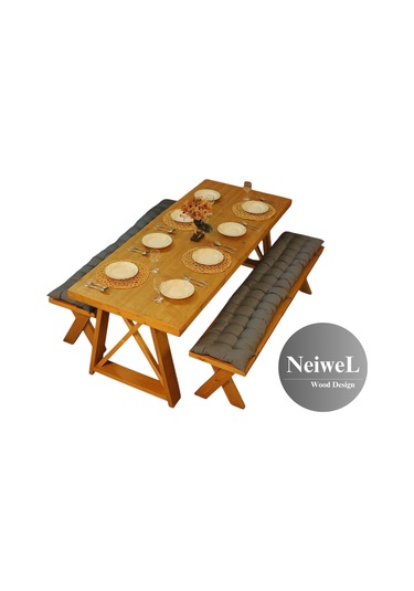 Neiwel Kues Doğal Ahşap Banklı Yemek Masası Takımı-80-160 Takım Açık Ceviz