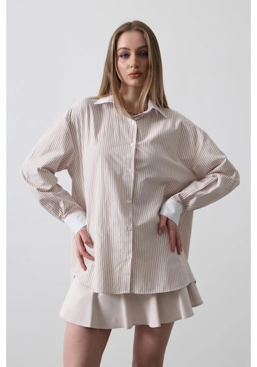 Defymoda Çizgili Oversize Gömlek - Bej Bej