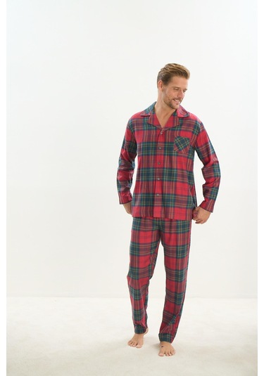 Erkek Uzun Kol Gömlek Yaka Önden Düğmeli Kırmızı Pijama Takım C1t5n5o9 001