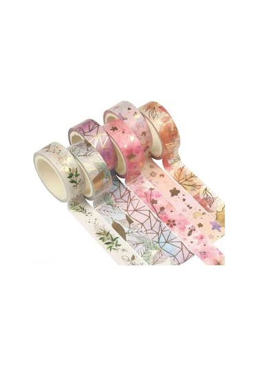 Novahub 6 Rulo Desenli Washi Bant Seti - Altın Yaprak Çiçekli Dekoratif Yapışkan Bant 15mm
