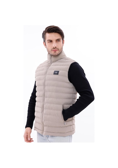 Erkek Nova Kumaş Şişme Yelek Hafif Dolgulu Fermuarlı Cepli Su İtici Rahat Kalıp Krem