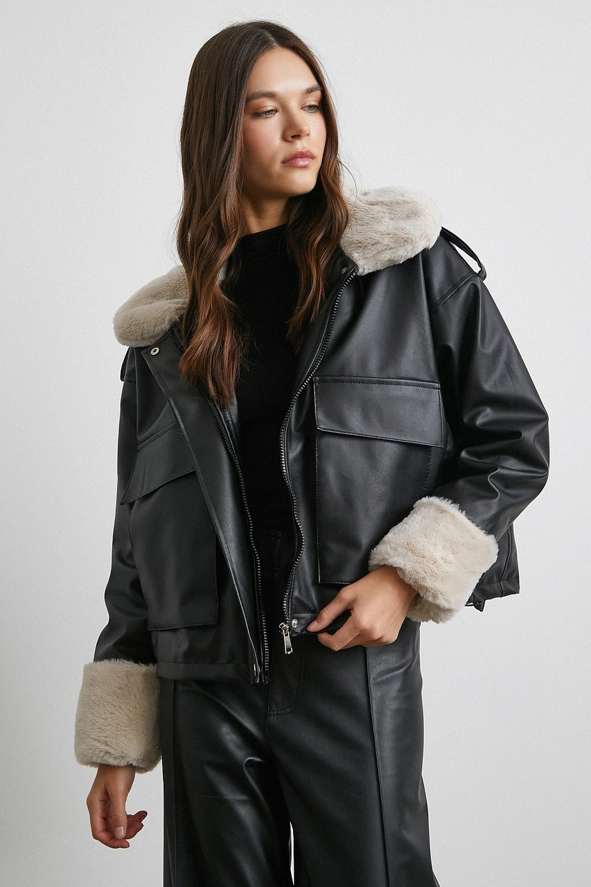 Körüklü Cep Deri Mont Siyah Siyah