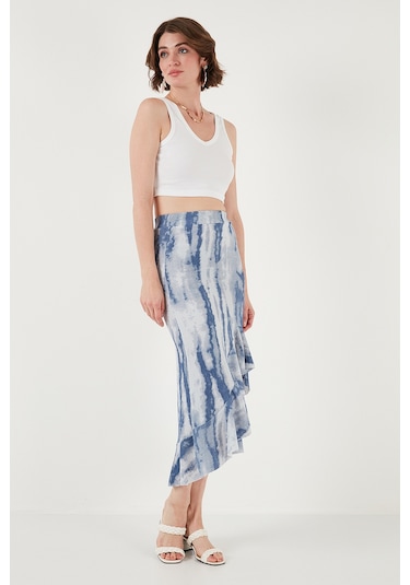 Lela Regular Fit Desenli Yüksek Bel Volanlı Midi Boy Yırtmaçlı Bayan Etek 5869013 Indigo