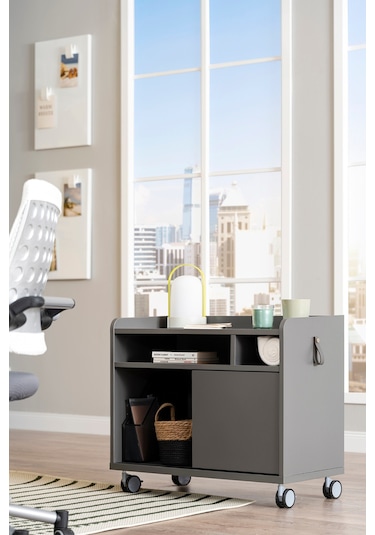 Creo Mobili Sürgü Kapaklı Organizer Smart Keson, Frenli Tekerlekli Ofis Ve Ev Komodini, Antrasit