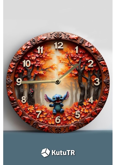 3d Görünümlü "stitch İle Sonbahar" Mdf Duvar Saati Sdw323 Renkli
