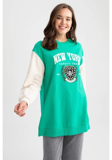 Defacto Relax Fit Bisiklet Yaka Üniversite Baskılı Sweatshirt Tunik Z2073AZ23SPGN227 Yeşil