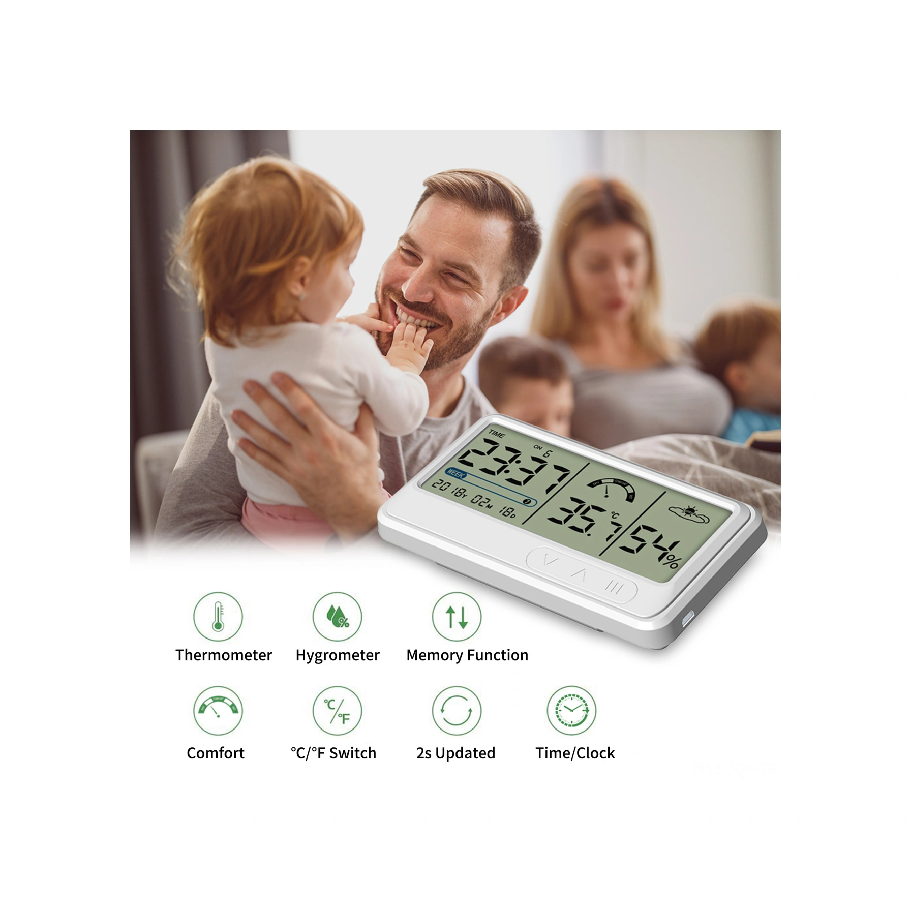 Youmex Beyaz Usb Şarjlı Ev İçi Lcd Dijital Nem Ve Sıcaklık Ölçer, Takvim/alarm, Masaya Konulabilir/duvar Takımı Ys201 -10 C 60 C, 10%-99%rh