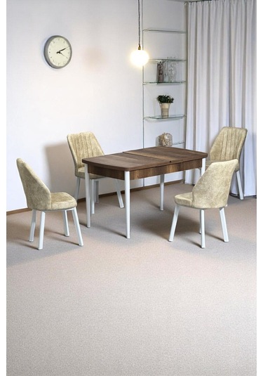 Florn Ceviz 80 X 132 Açılabilen Mdf Masa Metal Ayaklı Mutfak Masası Takımı 4 Krem Sandalye Krem