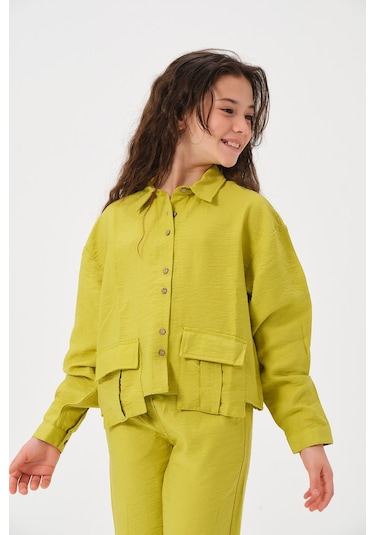 Genç Kız Çocuk Cepli Uzun Kollu Gömlek Fıstık Yeşil