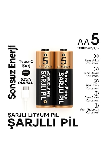 Type-c Şarjlı 2800mwh 1.5v Şarj Edilebilir 2'li Aa Kalın Pil - Lityum İyon Batarya