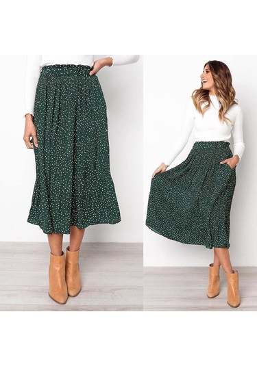 Kadın Yarım Vücut Etek Moda Puantiyeli Cepli Pileli Rüzgar Eteği Uzun Etek Yeşil