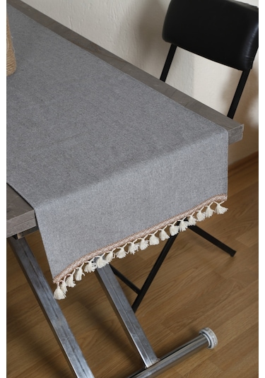 Dnc Home Tekstil Ndchome Keten Gri Antrasit Şeritli Ponpon Runner 150 X 45 Antrasit