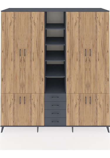 Kronos Dolap 17 Raflı 4 Çekmeceli 8 Kapaklı 220x59x243 Antrasit-çam/antrasit Atlas Çam/antrasıt