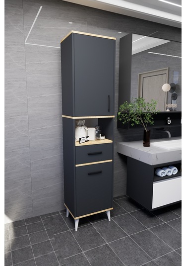 Lula Çok Amaçlı Dolap Banyo Dolabı Kirli Çamaşır Sepeti Dolabı Antrasit Antrasit