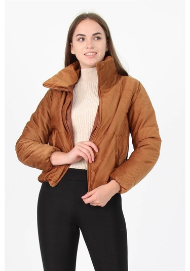 Kadın Yüksek Yaka Cepli Kışlık Kadife Mont Dpm7154 Taba