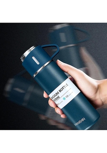 Paslanmaz Çelik Termos 500ml 3 Bardaklı Termos Seti Lacivert