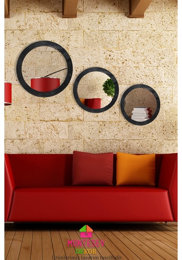 Zümrüt Ahşap Siyah Dekoratif İşlemeli Banyo Duvar Aynası Üçlü Set Siyah